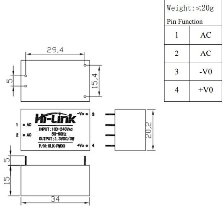 Блок питания на плату  3.3в, 1а, 34*20,2*15мм, Hi-Link HLK-PM03