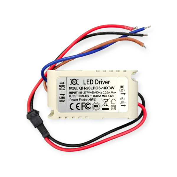 Драйвер светодиодный (LED)  650мА,  9..34в, 20вт, IP20, 65*35*23мм, QH-20LPO3-10X3W