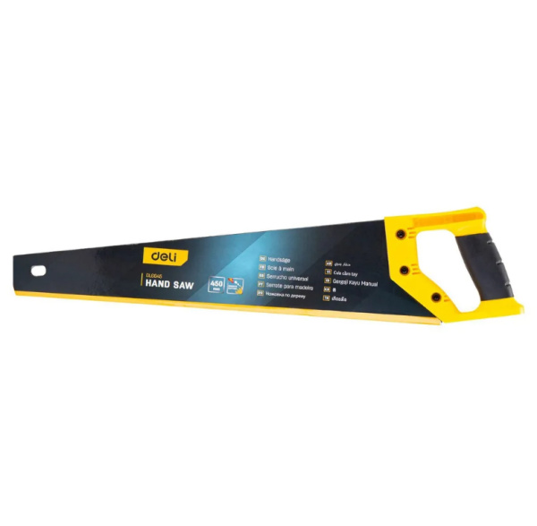 Ножовка по дереву Deli DL6845 450мм, шлифовка зубцов с 2-х сторон, литая рукоять из двухкомпонентного противоударного пластика.