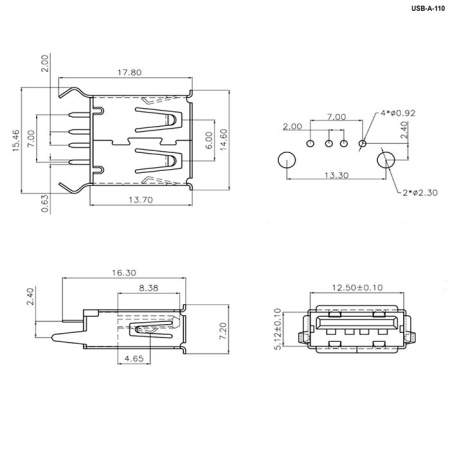 Гнездо USB A-FS/на плату, прямое
