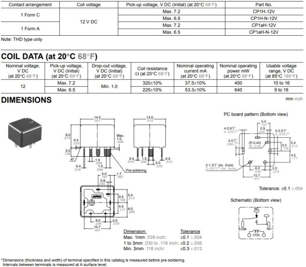 Реле электромагнитное DC 12в, 10а, SPDT, 14*13*9.5мм, NAiS ACPP141 CP1H-12V