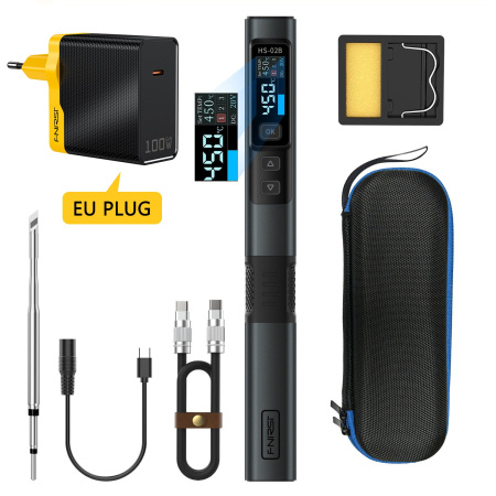 Паяльник Fnirsi HS-02B, кабель USB Type-C, блок питания PD 100W, жала C210 I+IS+K, сумка-чехол