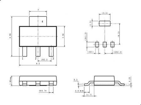 микросхема AMS1117-3.3, линейный стабилизатор напряжения LDO, +3.3В, 0.8А, SOT223