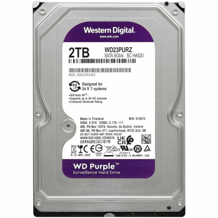 Жесткий диск HDD 2,0Tb WD WD23PURZ Purple,5400rpm,64Mb