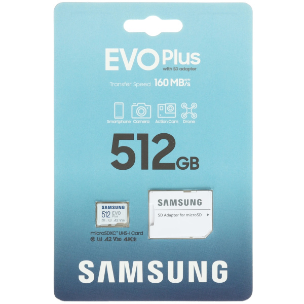 Карта памяти MicroSDXC 512Gb Samsung EVO Plus Class10 UHS-I U3 V30 (2024)[MB-MC512SA/KR] (SD адаптер)