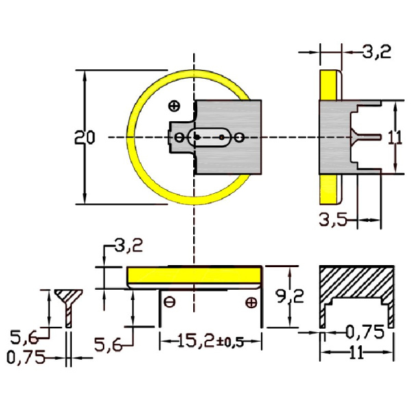 Батарейка CR2032/1GU2, 3 вывода, гориз. расстояние между контактаим 15мм 1шт. /3В литиевая