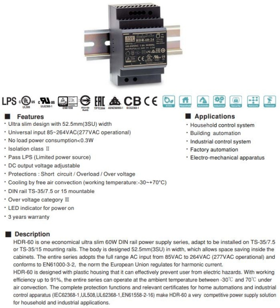 Блок питания на DIN рейку 24в,  2.5а, 52.5*90*54.5мм, Mean Well HDR-60-24