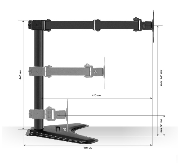 Кронштейн для двух мониторов ExeGate EDM2-3210-11D 15"-32" VESA 75x75, 100x100, макс. нагрузка на один кронштейн 10 кг, наклон -90°/+90°, поворот -90°