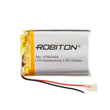 Аккумулятор Li-Pol 3.7в,  1500мАч, 9.6*34*48мм, контроллер, 2 провода, Robiton 963448