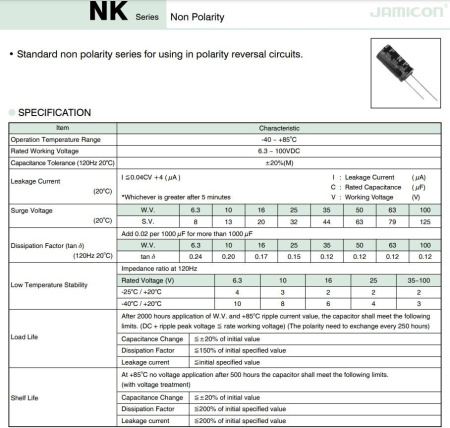 Конденсатор электролитический неполярный  47мкф, 100в, Jamicon, JNK476M100S1A5H20L, 85C, 10*20