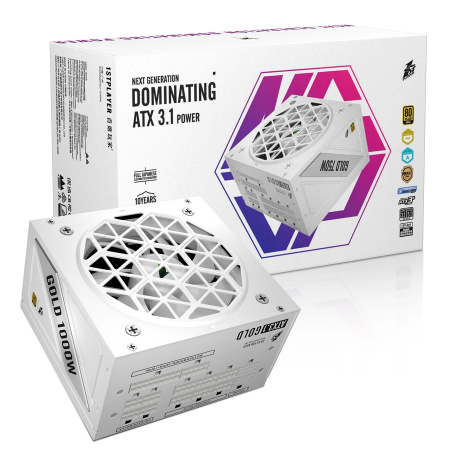 Блок питания 1000Вт 1STPLAYER NGDP 1000W White (APFC,120мм,3PCI-E,12VHPWR,8SATA,80+Gold,модульный)[HA-1000BA4-WH]