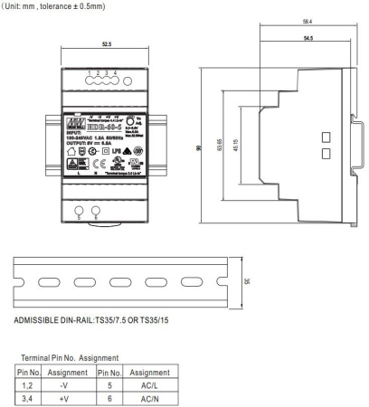 Блок питания на DIN рейку 12в,  4.5а, 52.5*90*54.5мм, Mean Well HDR-60-12