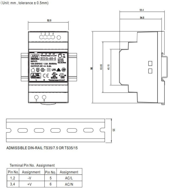 Блок питания на DIN рейку 12в,  4.5а, 52.5*90*54.5мм, Mean Well HDR-60-12