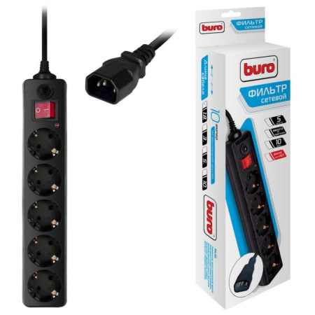 Сетевой фильтр  1.8м, 5 розеток Buro, 500SH-1.8-UPS-B, 10А, 2200Вт, для ИБП, с выключателем, черный,