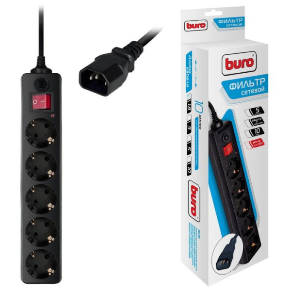 Сетевой фильтр  1.8м, 5 розеток Buro, 500SH-1.8-UPS-B, 10А, 2200Вт, для ИБП, с выключателем, черный,