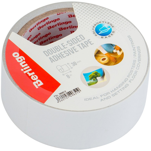 Клейкая лента двухсторонняя 38мм.*8м. Berlingo основа-полипропилен (FSn_380812)