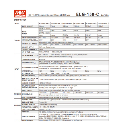 Драйвер светодиодный (LED) с потенциометром 0.35..0.7А, 107..214в, 105вт, Mean Well ELG-150-C700A-3Y