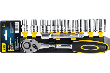 Набор торцевых головок с трещоткой 12 предметов Deli DL0012T  1/4" 10 торцевых головок (5,6,7,8,9,10,11,12,13,14 мм), удлинитель, трещотка 45 зубьев