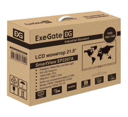 Монитор 21.5" ExeGate SmartView EP2207A (IPS/1920x1080/75Гц,/ 5ms, D-Sub, HDMI, DisplayPort, Мультимедиа