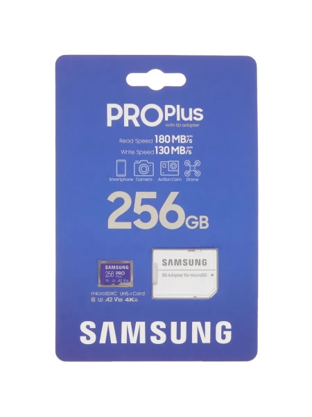 Карта памяти MicroSDXC 256Gb Samsung PRO PLUS Class30 UHS-I U3 V30 U3, UHS-I V30, A2 [MB-MD256SA/KR](SD адаптер)