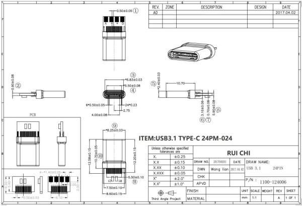 Разъем USB Type C, штекер, с платой DFP 0.5..0.9а, 24PM-024