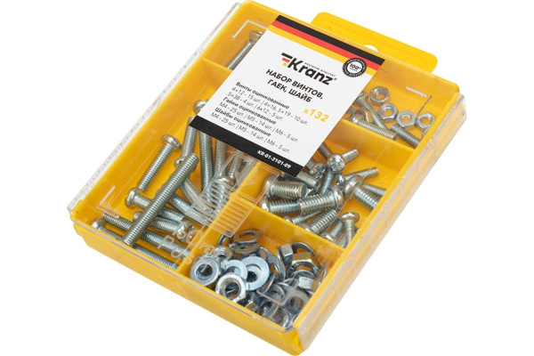 Набор винтов, гаек и шайб Kranz KR-01-3101-09, 132 штуки, M4 M5 M6, пластиковый кейс