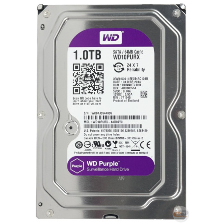 Жесткий диск HDD 1,0Tb WD WD10PURZ Purple,5400rpm,64Mb
