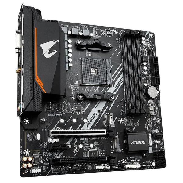 Мат.плата SocAM4 AMD B550 Gigabyte B550M AORUS ELITE AX (mATX,4DDR4,2M.2,2PCI-E16,PCI-E,HDMI,DVI,PC4733,Wi-Fi,BT)