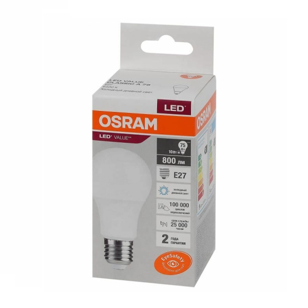 Лампа светодиодная E27 10Вт 6500K LVCLA75  груша Value Osram 4058075578913