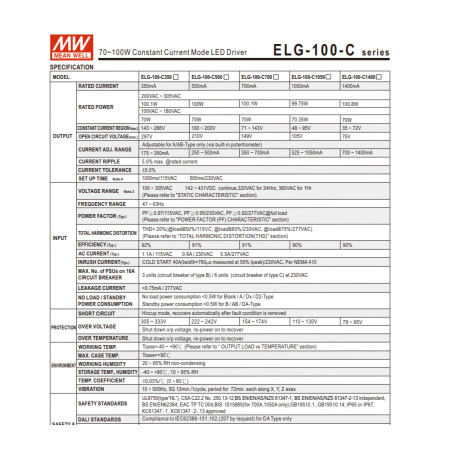 Драйвер светодиодный (LED) 1050мА, 48..95в, 99.75вт, IP67, Mean Well ELG-100-C1050
