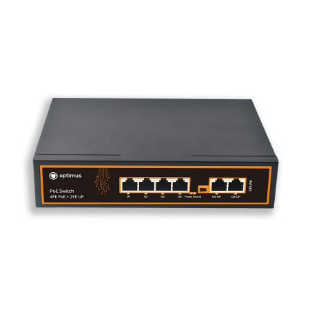 Коммутатор Optimus U1E-4F/2F (12-24V) 4 порта 10/100 Мбит/с,PoE+,2 порта 10/100 Мбит/с,Uplink, PoE бюджет до 100 Вт