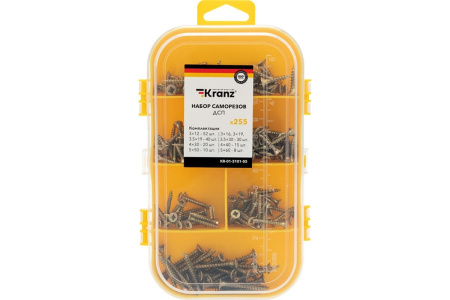 Набор саморезов для ДСП Kranz KR-01-3101-05, 255 штук, 3.0*12/16/19 3.5*19/30 4.0*30/40 5.0*50/60