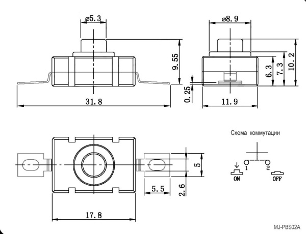 Кнопка OFF-ON, SPST-NO, 17.8*11.9*10.2мм, 2 контакта, SMD, AC 250в, 1.5а, MJ-PBS02A