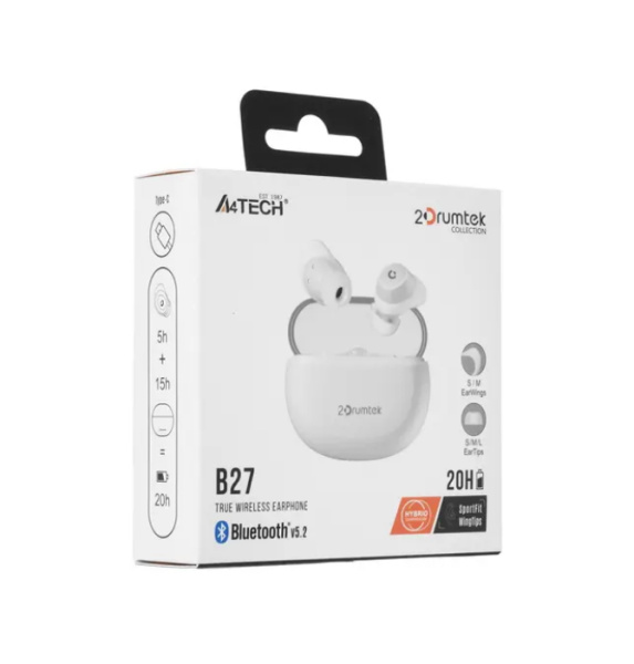 Гарнитура TWS A4Tech 2Drumtek B27 Bt5.2 32 Ом 102дБ 99дБ Белый