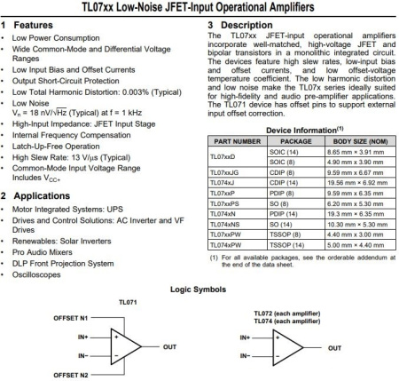 микросхема TL072CN, 2*ОУ, ±18В, DIP8