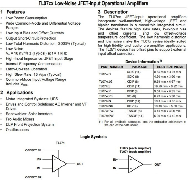 микросхема TL072CN, 2*ОУ, ±18В, DIP8