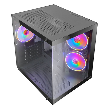 Корпус mATX Б_БП Ginzzu V150 (USB3.0,Audio,черный,3х120мм FRGB,"стеклянный куб")