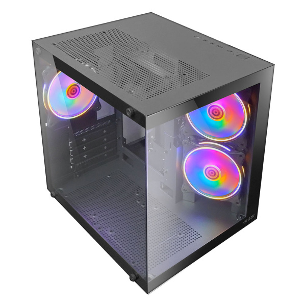 Корпус mATX Б_БП Ginzzu V150 (USB3.0,Audio,черный,3х120мм FRGB,"стеклянный куб")