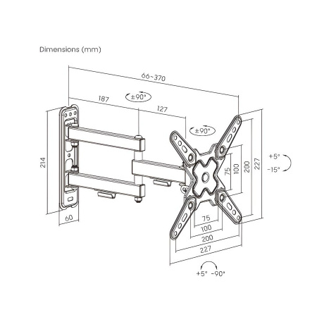 Кронштейн ITECHmount LCDN723 черный настенный,для тв,13-43",до 20кг,от стены 66-370мм,с функцией наклона ＋5°～-15°,поворота 90° вправо / 90° влево,вращ