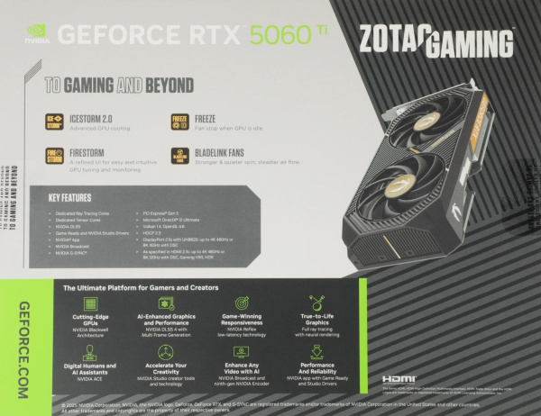 Видеокарта Zotac PCI-E 5.0 RTX 5060TI 16GB AMP NVIDIA GeForce RTX 5060TI 16Gb 128bit GDDR7 2632/28000 HDMIx1 DPx3 HDCP Ret