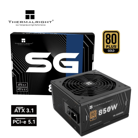 Блок питания 850W/ Power Supply Thermalright, 850W 80+ Gold (ATX, 3.1, PCIe 5.1, Non-modular, 1x24(20+4)pin, 1xCPU 8(4+4)pin, 2xPCIe*2 8(6+2)pin, 5xSATA3, 1x12+4pin (12VHPWR PCIe 5.1 12+4pin 600mm), 3xMOLEX4pin, Active, 120x120mm, 150x140x86mm, APFC, blac