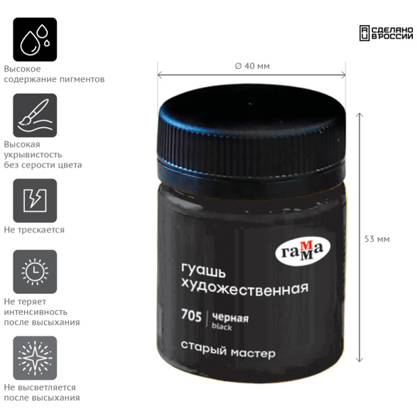 Гуашь ГАММА "Старый Мастер" 40мл, черная (12112040705)