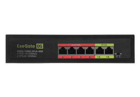 Коммутатор ExeGate EDES-1006D.4PoE-48W 6-port 10\100_Mbps 4 порта 802.3af (PoE) мощность PoE: 25W, суммарно 48W