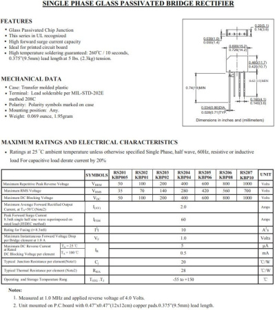 диодный мост RS207, 2A, 700V, 15*4*11mm, MIC