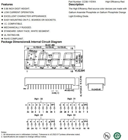 Индикатор цифровой, 4разряда, 50.3*19мм, 8.8.8.8., 7сегментный, CC, 36пин, красный, CC56-11EWA