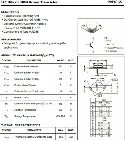 транзистор BJT 2N3055 100V 15A NPN TO3 0.8W 115W