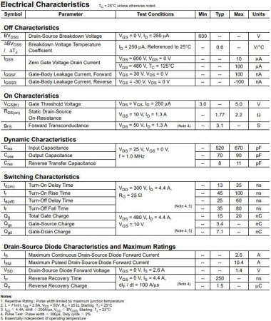 транзистор FET FQPF4N60C 600V 2.6A N-Ch 2.2ohm TO220F