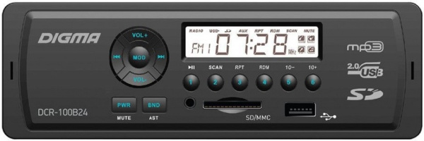 Автомагнитола Digma DCR-100B24 1DIN, 4x45Вт, MP3, FM, USB, AUX
