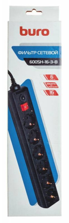 Сетевой фильтр  3.0м, 6 розеток Buro, 600SH-16-3-B, 16А, 3500Вт, с выключателем, черный, коробка