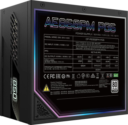 Блок питания 850Вт Gigabyte AORUS AE850PM PG5 (PCIe Gen 5.1, ATX 3.0,APFC,120мм,6PCI-E,12VHPWR,8SATA,80+Platinum,модульный)